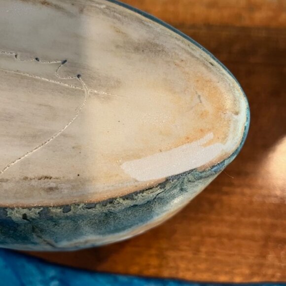 Oval Flat Floral Pottery Vase Handmade Signed - Picture 10 of 10